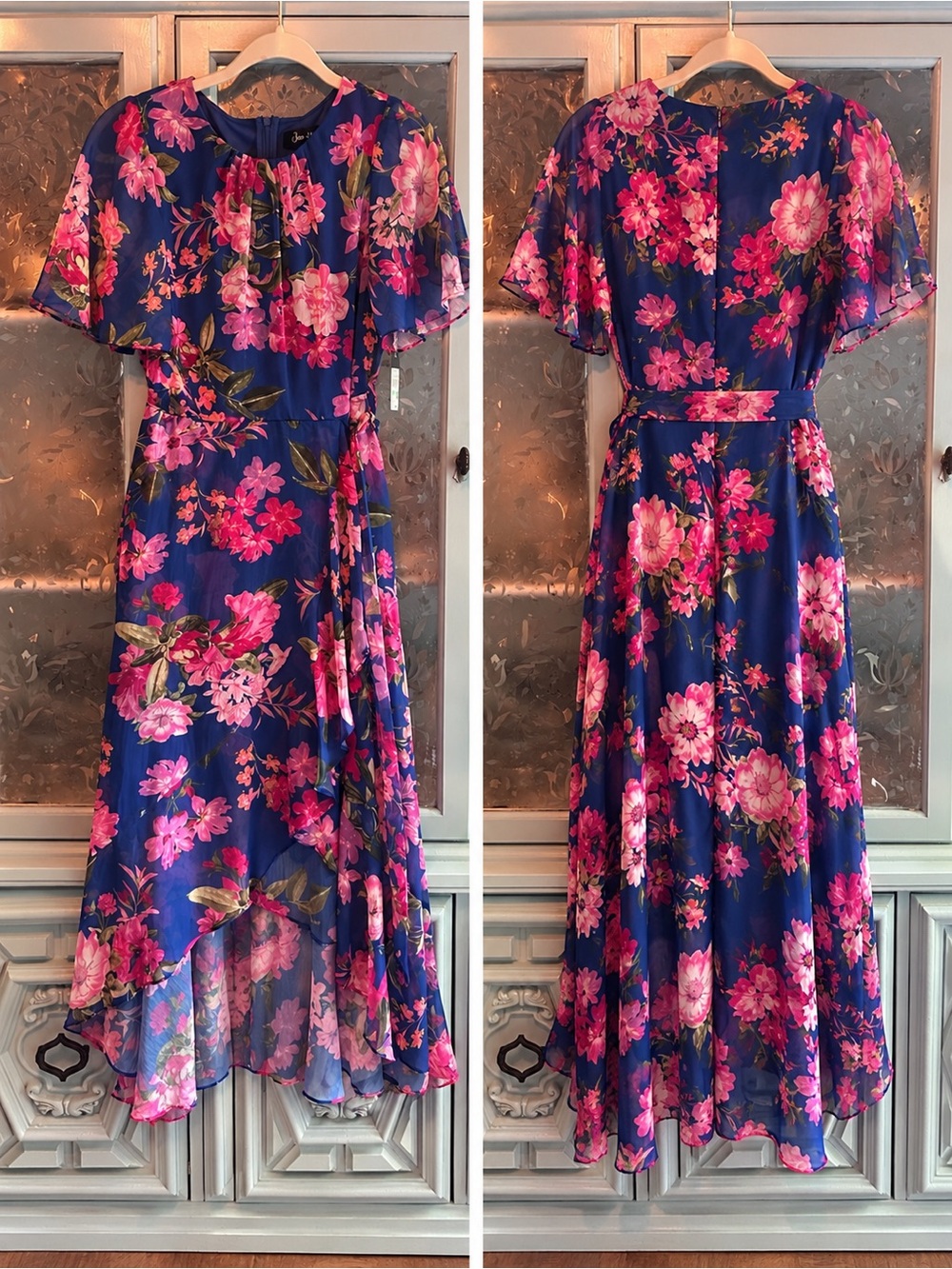 Jessica Howard Navy Floral High-Low Dress with Pink Blooms